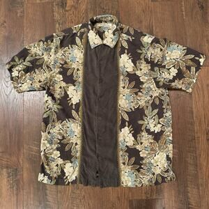 Tommy Bahama Hawaiian Button Down Shirt 100% Silk Floral Print Brown Men’s Large